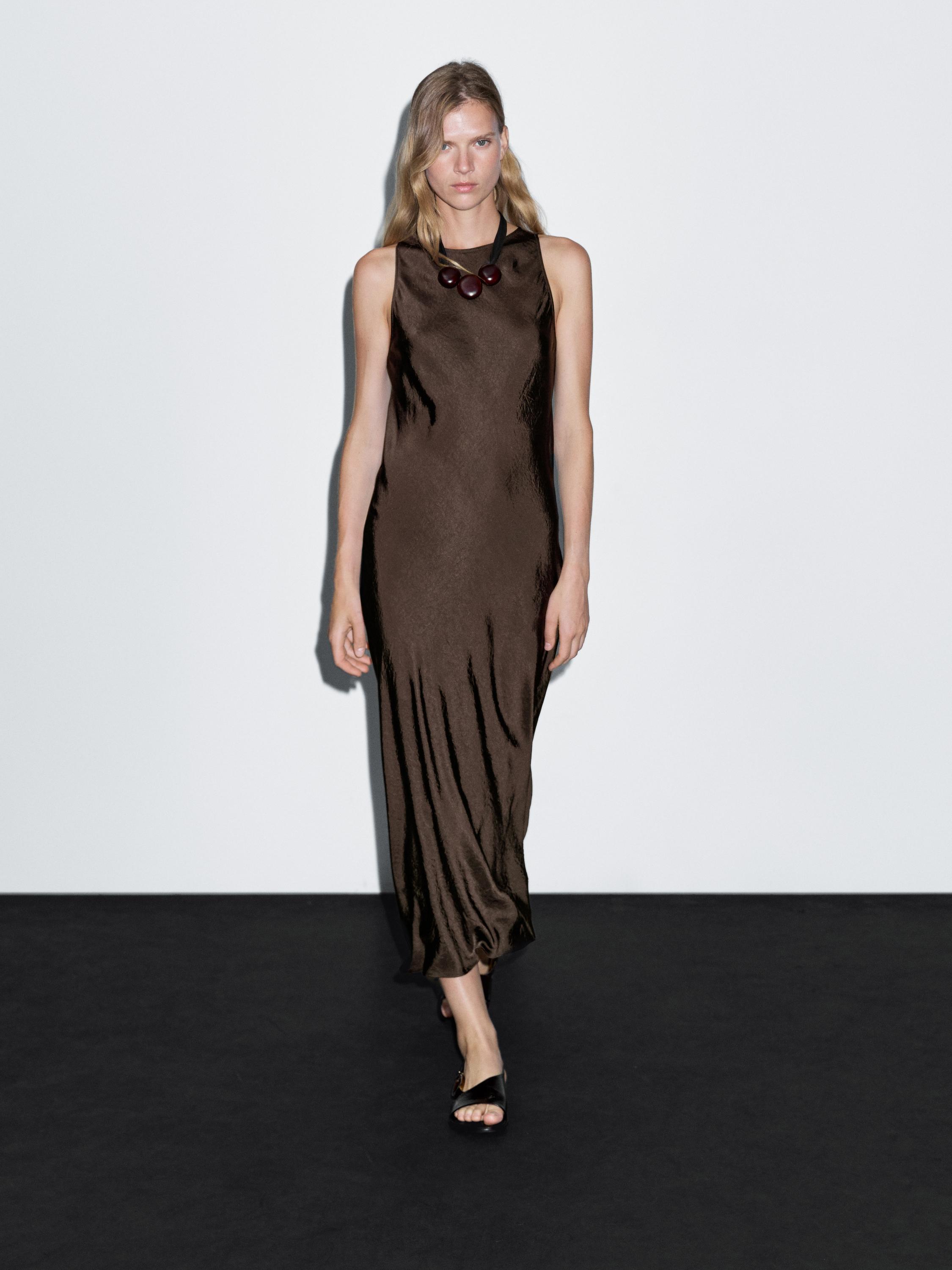 Long satin halter neck dress